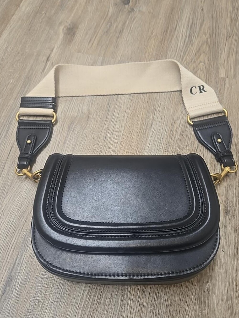 Zara Black Leather Saddle Bag with Contrast Strap  And Long Strap